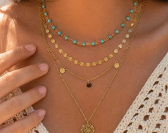 Boho Beaded Necklace Gold Layered Necklace with Turquoise Beads Coin Charm Gift for Her