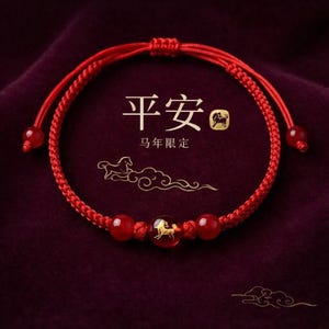 May include: Red braided bracelet with three red beads and a central gold-coloured bead featuring a horse design. The bracelet has Chinese characters and text in gold. The background is a dark red.