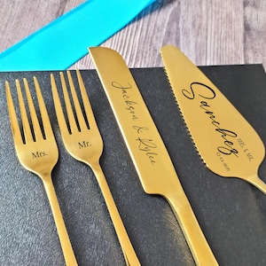 Cuchillo personalizado para tarta nupcial, juego de pala y cubiertos de acero inoxidable personalizados