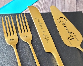 Cadeau personnalisé pour gâteau de mariage, couteau, pelle et fourchettes en acier inoxydable Cutsom
