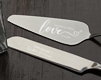 Juego de servir tarta de boda personalizado, cortador y servidor de acero inoxidable grabado