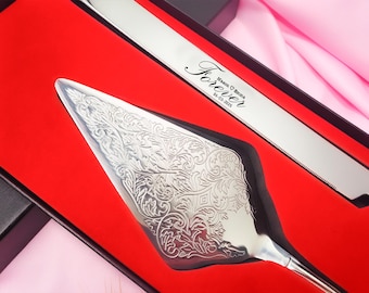 Graviertes Edelstahl-Hochzeitstortenset, personalisiertes Silber-Tortenmesser & Tortenheber