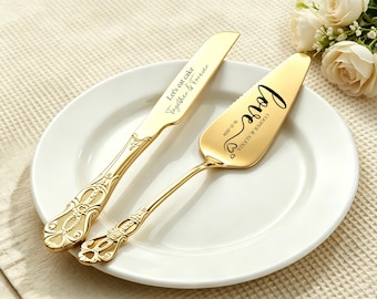 Wedding Cake Cutting Set, Personalized Reception Accessories, Gold or Silver Cake Knife and Server Set