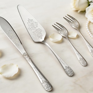 Conjunto de facas para bolo vintage personalizadas, espátula para bolo de casamento gravada, presente com gravação personalizada no cabo, cortador de bolo floral