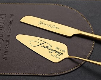 Juego personalizado para cortar la tarta de boda, cuchillo y pala para tarta grabados, regalo de boda personalizado para los novios, dorado, plateado.