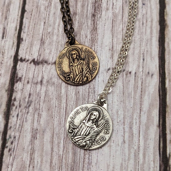 St. Lucy Catholic Medal Necklace - Saint Lucia of Syracuse - Antique Bronze - Sterling Silver