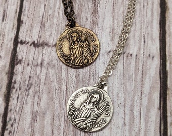 St. Lucy Catholic Medal Necklace - Saint Lucia of Syracuse - Antique Bronze - Sterling Silver
