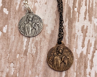 St. Martha Catholic Medal Necklace - St. Martha and the Dragon Legend - Antique Bronze - Sterling Silver Chain - Religious Medal