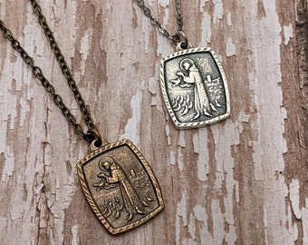 St. Francis of Assisi Religious Medal Necklace in Antique Bronze Catholic Saint - Sterling Silver
