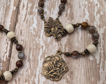 Chaplet of St. Joseph - Catholic Rosary Beads - Gemstone - Antique Bronze - Lily - Most Chaste Heart of Joseph - Purple - White