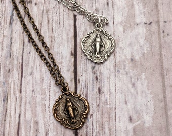 Miraculous Medal Petite Catholic Religious Medal Necklace in Antique Bronze or Sterling Silver