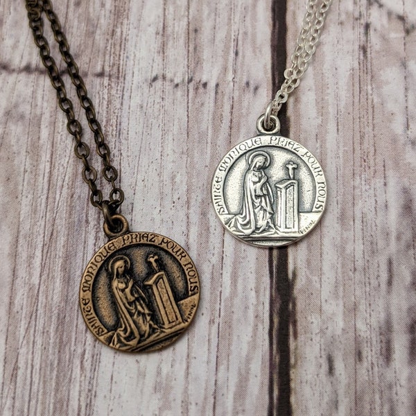 St. Monica Petite Catholic Medal Necklace - Antique Bronze - Sterling Silver - Small Religious Medal - Mother of St. Augustine of Hippo