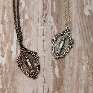 Miraculous Medal Catholic Religious Medal Chain Necklace Antique Bronze Sterling Silver image 1