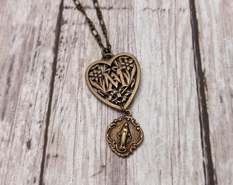 Ave Maria - Miraculous Medal Chain Necklace - Antique Bronze - Catholic Medal - Religious Medal Necklace