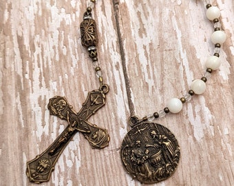 Sacrament of Baptism Catholic Pocket Rosary - Chaplet - Tenner - Antique Bronze - White Mother of Pearl - Christening - Godchild