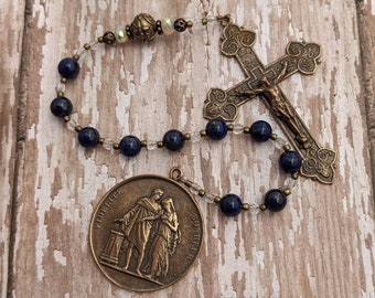 Catholic Wedding Pocket Rosary - Sacrament of Marriage - Antique Bronze - Lapis Lazuli Gemstone - Something Blue - Heirloom Rosary