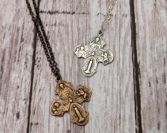 Catholic Religious Medal Necklace with Four Way Cross in Antique Bronze or Sterling Silver