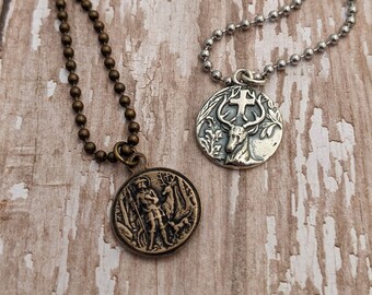 St. Hubert Catholic Medal Necklace - Patron Saint of Hunters - Antique Bronze - Sterling Silver - St. Hubertus - Dog Tags - Ball Chain