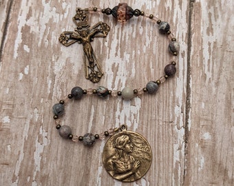 St. Mary Magdalene Catholic Pocket Rosary Chaplet in Gemstone and Antique Bronze