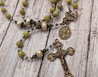 Irish Catholic Rosary St. Patrick St. Brigid of Ireland Trinity Shamrock Bronze Green Gemstone Rosary Baptism Confirmation