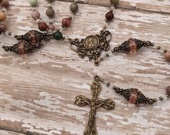 Catholic Rosary Beads - Blessed Virgin Mary - Lilies - Lily - Antique Bronze - Gemstone - Pink - Green - Confirmation - First Communion