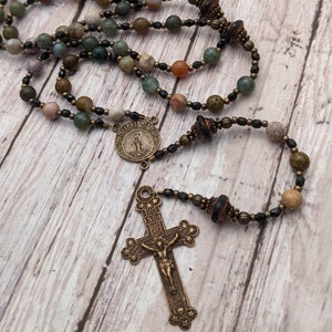 Catholic Rosary - Stella Maris - Our Lady Star of the Sea - Ocean Jasper Gemstone - Antique Bronze - Black - Green - Confirmation - Prayer