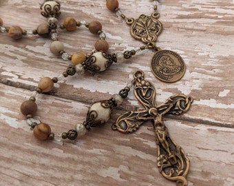 St. Joseph Catholic Rosary Beads - Three Hearts - Lilies - Bronze - Confirmation - Lily - Sacred Heart - Immaculate Heart - Holy Family