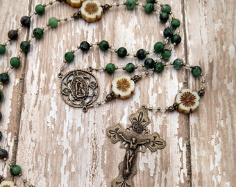 Our Lady of Guadalupe Rosary - Catholic Rosary Beads - Green Gemstone and Antique Bronze -