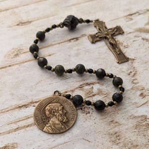 St. Joseph Pocket Rosary - Catholic Rosary - Chaplet - Confirmation - Mans Rosary - Mens Rosary - Black - Gemstone - Antique Bronze