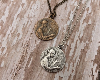 St. Cecilia Religious Medal Necklace in Antique Bronze or Sterling Silver