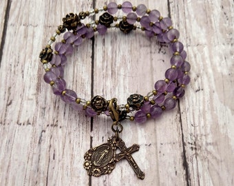 Catholic Rosary Wrap Bracelet - Beaded - Miraculous Medal - Amethyst Gemstone and Antique Bronze - Purple - Confirmation - Virgin Mary