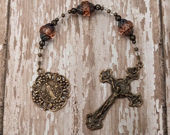 Catholic Rosary - Three Hail Marys Devotion Chaplet in Bronze and Pink Glass