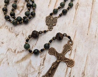 Catholic Rosary - Scottish Thistle Flower Rosary in Green and Black Gemstone and Antique Bronze - Man's Rosary