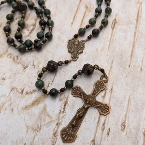 Catholic Rosary - Scottish Thistle Flower Rosary in Green and Black Gemstone and Antique Bronze - Man's Rosary