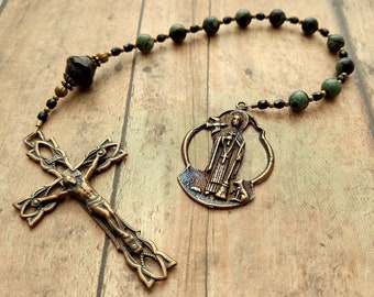 St.  Martin de Porres Catholic Pocket Rosary Chaplet in Black Gemstone and Antique Bronze -  Confirmation - First Communion