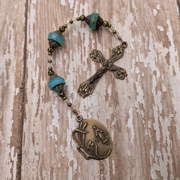 Three Hail Mary Devotional Chaplet - Marian Devotion - Antique Bronze - Pocket Rosary - Blue