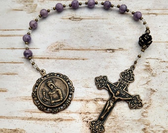 St. Barbara Catholic Pocket Rosary Chaplet in Purple Gemstone and Antique Bronze Patron Saint Confirmation First Communion