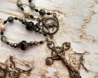 St. Hubertus Catholic Rosary - Patron Saint of Hunters - Man's Rosary - Black - Antique Bronze - Men's Rosary - Confirmation