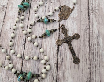 Catholic Rosary Beads - Our Lady of Lourdes - St Bernadette Soubirous - France - Antique Bronze - Teal - Aqua - Prayer - Confirmation Saint
