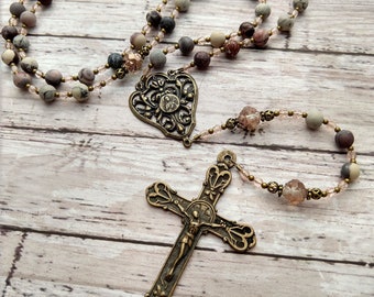 St. Therese of Lisieux Catholic Rosary  - Little Flower of Jesus - Gemstone and Antique Bronze