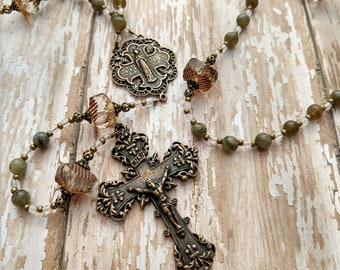 Catholic Rosary Beads - Our Lady - Fleur de Lis - Gifts for Her - Virgin Mary - Confirmation Gift in Bronze and Gemstone