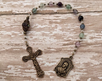 St. Bernadette Catholic Pocket Rosary - Antique Bronze - Our Lady of Lourdes - Patron Saint - Green Purple Vintage Style French Confirmation