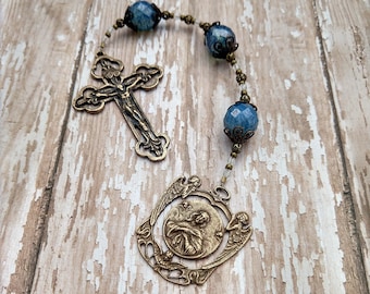 Three Hail Marys Devotion Chaplet in Blue Czech Glass and Antique Bronze Catholic Rosary