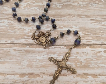 Our Lady of Lourdes Catholic Rosary Beads St. Bernadette Soubirous in Bronze and Sodalite Blue Gemstone