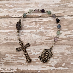 St. Bernadette Catholic Pocket Rosary - Antique Bronze - Our Lady of Lourdes - Patron Saint - Green Purple Vintage Style French Confirmation