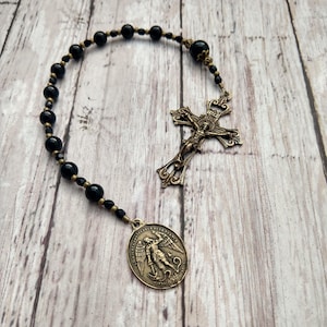 St. Michael Pocket Rosary (Chaplet) in Black Onyx and Antique Bronze - Miraculous Medal - Catholic Sacramental Medals - Confirmation Baptism
