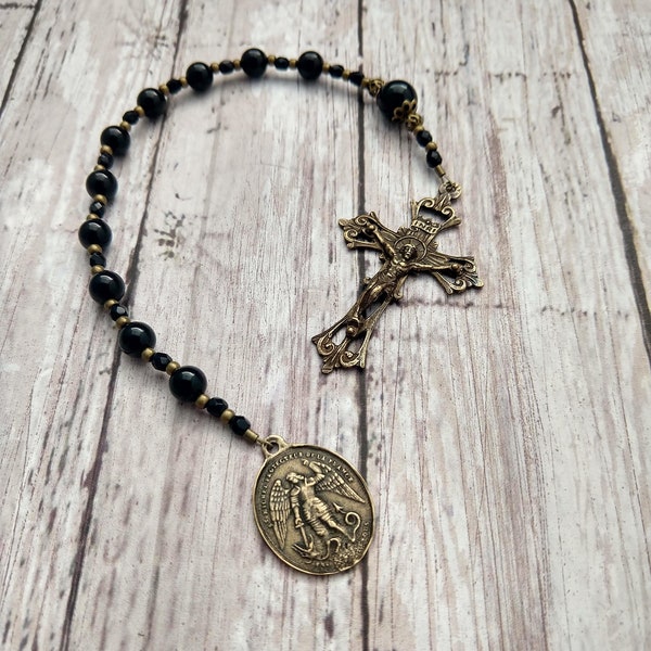 St. Michael Pocket Rosary (Chaplet) in Black Onyx and Antique Bronze - Miraculous Medal - Catholic Sacramental Medals - Confirmation Baptism