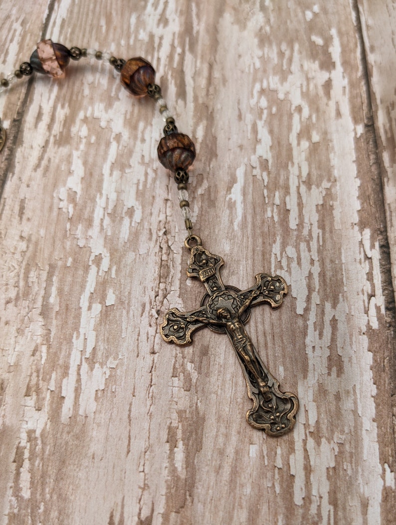 Catholic Rosary Three Hail Marys Devotion Chaplet in Bronze and Pink Glass image 5