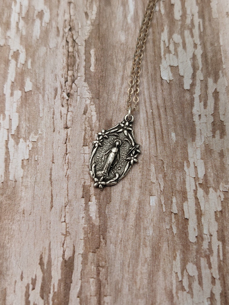 Miraculous Medal Catholic Religious Medal Chain Necklace Antique Bronze Sterling Silver image 5