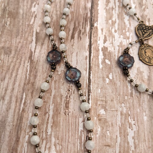 St. Mary Magdalene shops Catholic Rosary Beads - Lily of the Valley - Moonstone - Antique Bronze